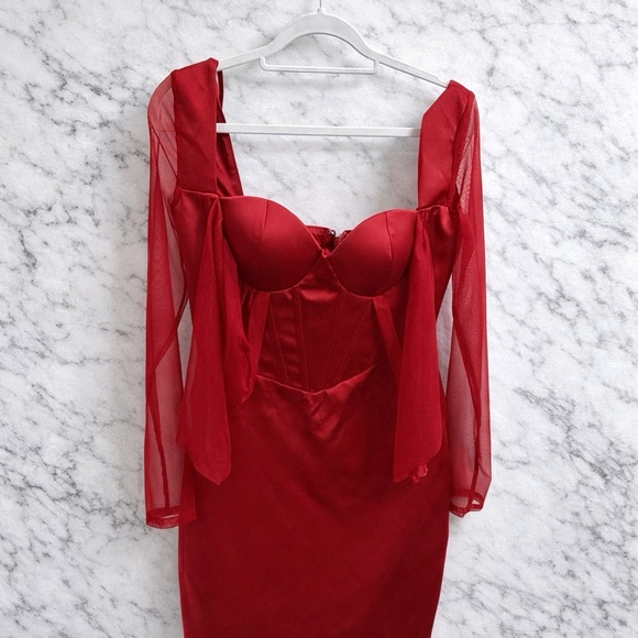 Miss Circle Red Satin Mesh Long Sleeve Corset Mini Dress Size M NWOT - Picture 4 of 7
